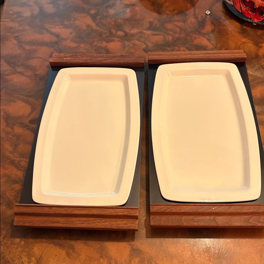 Two Vintage 1950's Cutco Porcelain Dinner Plates w/MCM Plates w/Teak Hand…